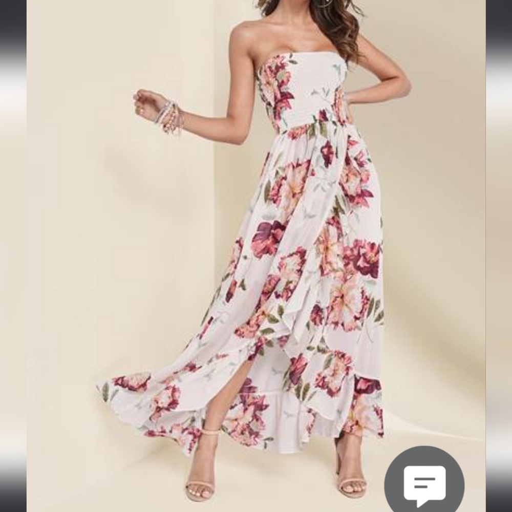 Floral smock top strapless ruffled hem long dress size M